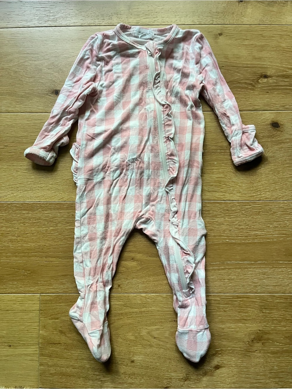 EUC Angel Dear Pink Buffalo Plaid / Gingham Ruffled Zipper Footie Sleeper